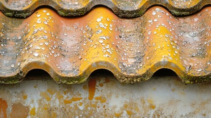 Poster - Old roof tiles in a vibrant orange hue catch droplets of water, revealing a rich texture and character. The rustic backdrop adds depth to this captivating scene of aged architecture