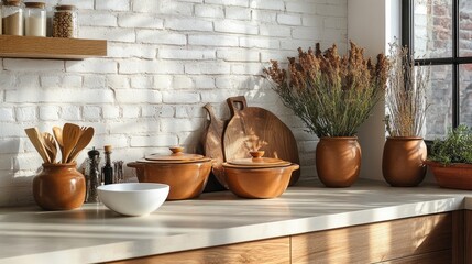 Poster - Golden rays of sunlight illuminate a charming kitchen where terracotta pots and wooden utensils blend harmoniously. Dried herbs within earthenware add a touch of nature to the warm atmosphere