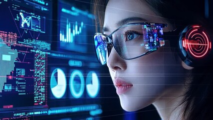 Poster - Young female professional with futuristic glasses and headphones working in a high-tech data analysis environment surrounded by digital screens and charts