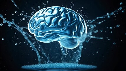 Poster - stunning artistic representation of a brain surrounded by water splashing against a dark background 