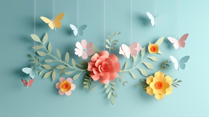 Wall Mural - Paper flowers and butterflies on a blue background.