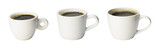 collection of black americano coffee filter and espresso in ceramic coffee mug with handle in difference size, side view isolated clipping path on white background. 
