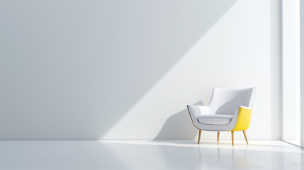 Aufkleber - White empty room with chair and sunlight, white copy space. Empty white room interior design studio mock up background template with soft light
