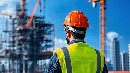 Poster - Construction Worker Overseeing High-Rise Building Development with Cranes and Blue Sky in the Background, Safety Gear Highlighted in Urban Environment