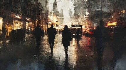 Poster - Rainy Night in the Bustling City Capturing the Moody Atmosphere of Urban Life  A dramatic scene of pedestrians walking through the rain soaked streets of a metropolitan city with silhouetted figures