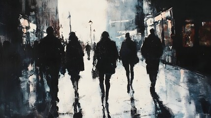 Poster - Rainy night in the modern city anonymous pedestrians walking on the wet street under the glow of neon lights and reflections creating a moody and atmospheric urban scene