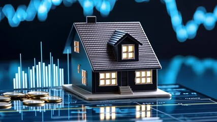 Poster - Model house on financial graph background with coins representing real estate investment and market trends in modern finance and economy concepts
