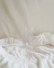 Poster - Intricate Spider Web on Soft White Fabric Background