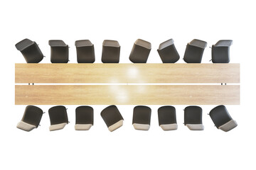 Poster - Wooden conference table with black chairs, top view, isolated on white background. Office meeting room furniture layout, business concept. 3D Rendering.