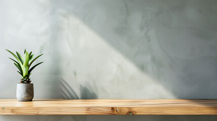 Fototapete - Wooden table copy space background empty desk template. table horizontal background mock up with plaster wall and vase. Empty display with soft shadow and sunlight light