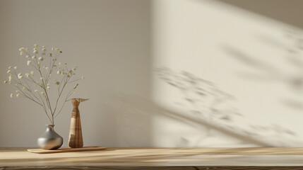 Fototapete - Wooden table copy space background empty desk template. table horizontal background mock up with plaster wall and vase. Empty display with soft shadow and sunlight light