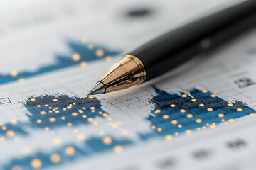 Poster - Close-up of a pen resting on a financial graph displaying data points and trends.  Illustrates business analysis
