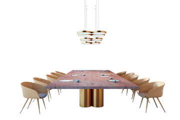 Aufkleber - Conference table with beige chairs and gold pendant lights on white background. Modern office meeting room concept with elegant design elements. 3D Rendering.