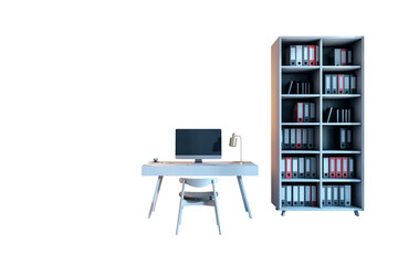 Aufkleber - Office desk with computer, lamp, and chair beside a tall bookshelf filled with binders, isolated on a white background. Workspace concept. 3D Rendering