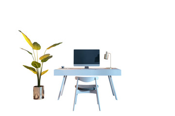 Poster - Minimalist office desk with computer, chair, lamp, and potted plant, isolated on white background. Clean workspace layout for design. 3D Rendering.