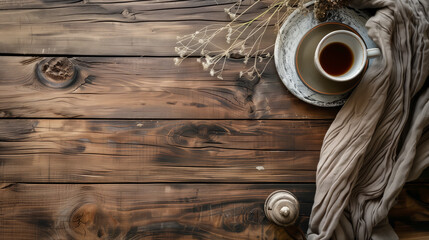 Fototapete - table top view copy space background. Empty table with cups and leave. Wooden texture background table desk plank brown surface