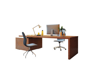 Aufkleber - Office desk with computer, lamp, and decor, isolated on white background. Clean and modern workspace layout. 3D Rendering