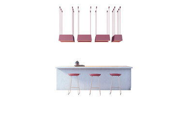 Aufkleber - Isolated modern kitchen bar with three stools and stylish pendant lights on a white background. Clean layout, ideal for interior design concepts. 3D Rendering.