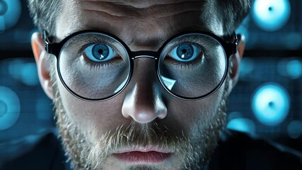 Poster - Professional Male with Glasses Staring Intently at Screen in Modern Office Environment, Surrounded by Digital Technology and Abstract Backgrounds
