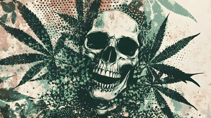 Poster - Skull and Cannabis Leaves Psychedelic Grungy