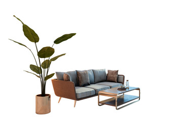 Poster - Stylish sofa with cushions, coffee table, and potted plant on white background. Elegant furniture arrangement for interior design concepts. 3D Rendering.