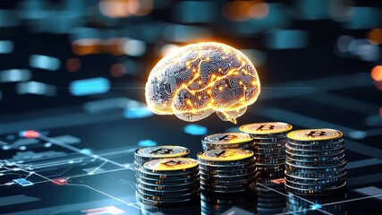 Poster - Digital Brain Technology with Cryptocurrency Coins, Artificial Intelligence Concept, Data Network and Blockchain Finance Background