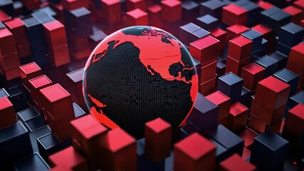 Poster - Futuristic 3D Model of Earth Surrounded by Geometric Red and Black Structures Representing Technology and Global Connectivity