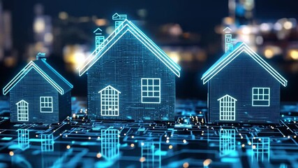 Poster - Digital representation of futuristic smart houses with glowing blue wireframe designs set against a blurred urban backdrop showcasing technology and innovation