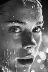 Poster - Close-up of a woman with water droplets on her face highlighting her features and expression in a mysterious atmosphere