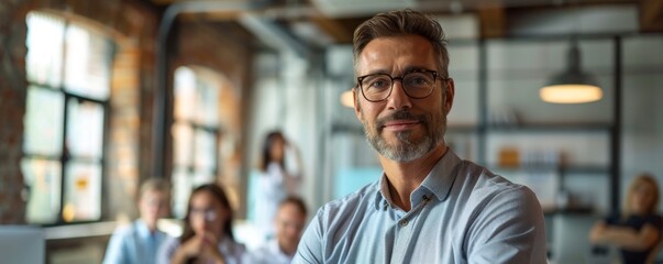 Poster - Professional man in glasses standing confidently in modern office during a team meeting with colleagues engaged in discussion
