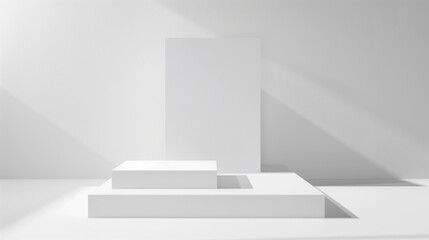 Fototapete - geometrical forms white background. White elements design copy space with empty illuminated room template table stage podium. White color product background placement