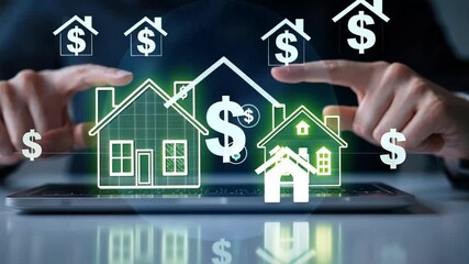 Poster - Digital Representation of Real Estate Investment with Green House Graphics Displaying Money Currency Symbols on a Touchscreen Device