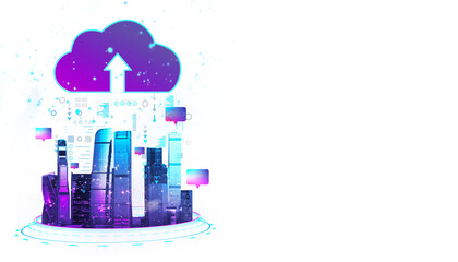 Leinwandbilder - Digital city skyline with cloud storage and data transfer symbols, abstract futuristic design, isolated on white background, technology concept. 3D Rendering.