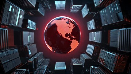 Poster - Abstract 3D Visualization of Red Planet Earth Surrounded by Dark Data Servers in a Futuristic Digital Environment