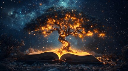 Poster - cosmic tree of knowledge blossoming from enchanted book in galaxy skies education concept