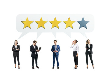 Poster - Group of businesspeople with rating stars in speech bubbles above them, standing on white background. Concept of feedback, ranking, evaluation