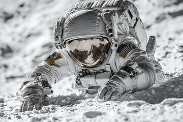 Wall Mural - An astronaut crawling on a monochrome lunar-like landscape reflecting the stark beauty of space exploration.