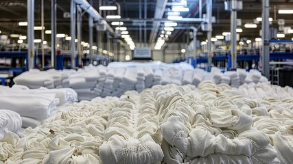 Poster - A large textile factory displays bulk rolls of white fabric organized neatly for manufacturing. The interior is spacious and well-lit
