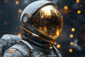Wall Mural - A lone astronaut stands against a starlit backdrop helmet reflecting a bright cosmic panorama..