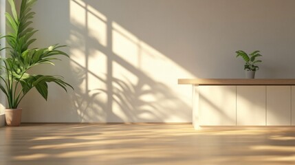 Poster - Warm sunlight gently illuminates a minimalist interior, casting soft shadows on the floor. Lush green plants add a touch of nature, enhancing tranquility in this peaceful morning atmosphere