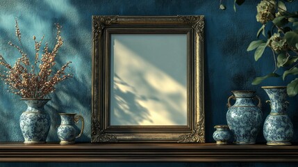 Poster - A charming arrangement of ornate blue and white vases rests on a dark wooden shelf, accompanied by dried flowers in a glass container