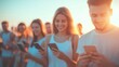 © Wannapha - Group of friends enjoying summer evening, young adults using smartphones, vibrant sunset backdrop, casual social engagement.