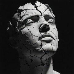 Poster - Eerie Sculpture of a Male Face with Cracked Texture on Black Background