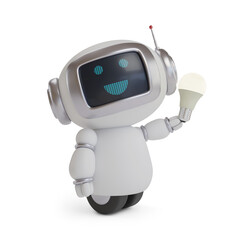 cute robot with light bulb on isolated on white background. 3d illustration.