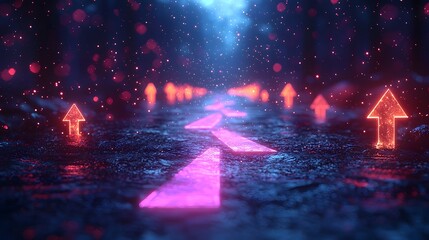 Poster - Glowing Upward Arrows in a Vibrant Marketplace Symbolizing Booming Sales Growth