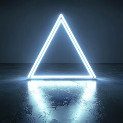 Poster - Illuminated Neon Triangle in Dark Space with Reflective Surface