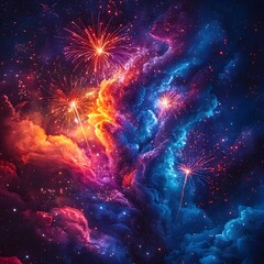Poster - Captivating Choreographed Fireworks Lighting Up the Vibrant Night Sky with Intricate Celestial Shapes