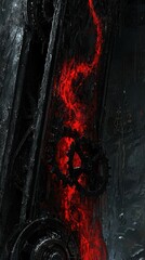 Poster - Dark Mechanical Gears with Fiery Red Light and Glossy Surface