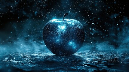 Poster - Glowing Blue Apple Against Dark Background with Cosmic Elements