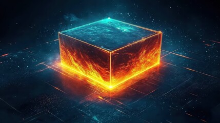 Poster - Futuristic Cube with Glowing Edges in Cosmic Background